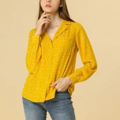 Allegra K Women's Heart Polka Dots Button Up Notched Lapel V Neck Shirt Tops 132 Allegra K Women's Heart Polka Dots Button Up Notched Lapel V Neck Shirt Tops
