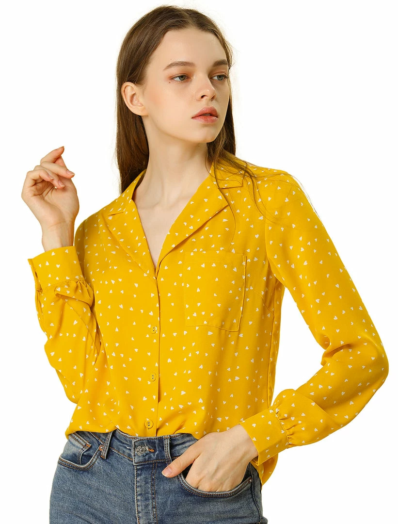 Allegra K Women's Heart Polka Dots Button Up Notched Lapel V Neck Shirt Tops 52 Allegra K Women's Heart Polka Dots Button Up Notched Lapel V Neck Shirt Tops