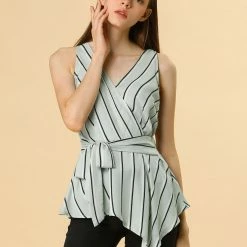 Allegra K Diagonal Stripes Tie Waist Wrap Top Women