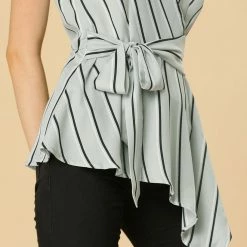 Allegra K Diagonal Stripes Tie Waist Wrap Top Women