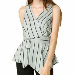 Allegra K Diagonal Stripes Tie Waist Wrap Top Women
