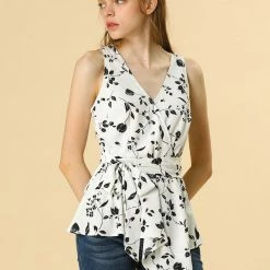 Allegra K Diagonal Stripes Tie Waist Wrap Top Women