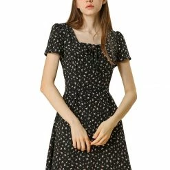 Allegra K Star Print Casual Square Neck Short Sleeve A-Line Dress