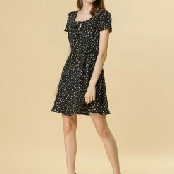 Allegra K Star Print Casual Square Neck Short Sleeve A-Line Dress