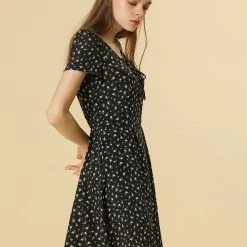 Allegra K Star Print Casual Square Neck Short Sleeve A-Line Dress