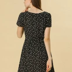 Allegra K Star Print Casual Square Neck Short Sleeve A-Line Dress