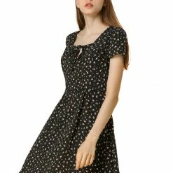 Allegra K Star Print Casual Square Neck Short Sleeve A-Line Dress