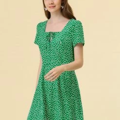 Allegra K Star Print Casual Square Neck Short Sleeve A-Line Dress