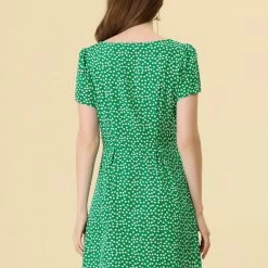 Allegra K Star Print Casual Square Neck Short Sleeve A-Line Dress