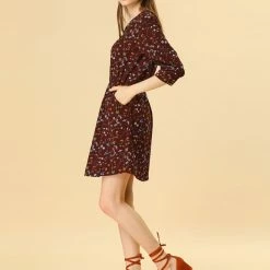 Allegra K Women's Button Down Floral Print V Neck 3/4 Sleeves Vintage Shirt Dress