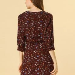 Allegra K Women's Button Down Floral Print V Neck 3/4 Sleeves Vintage Shirt Dress