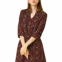 Allegra K Women's Button Down Floral Print V Neck 3/4 Sleeves Vintage Shirt Dress