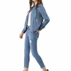 Women Allegra K Stand Collar Lightweight Biker Jacket