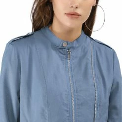 Women Allegra K Stand Collar Lightweight Biker Jacket