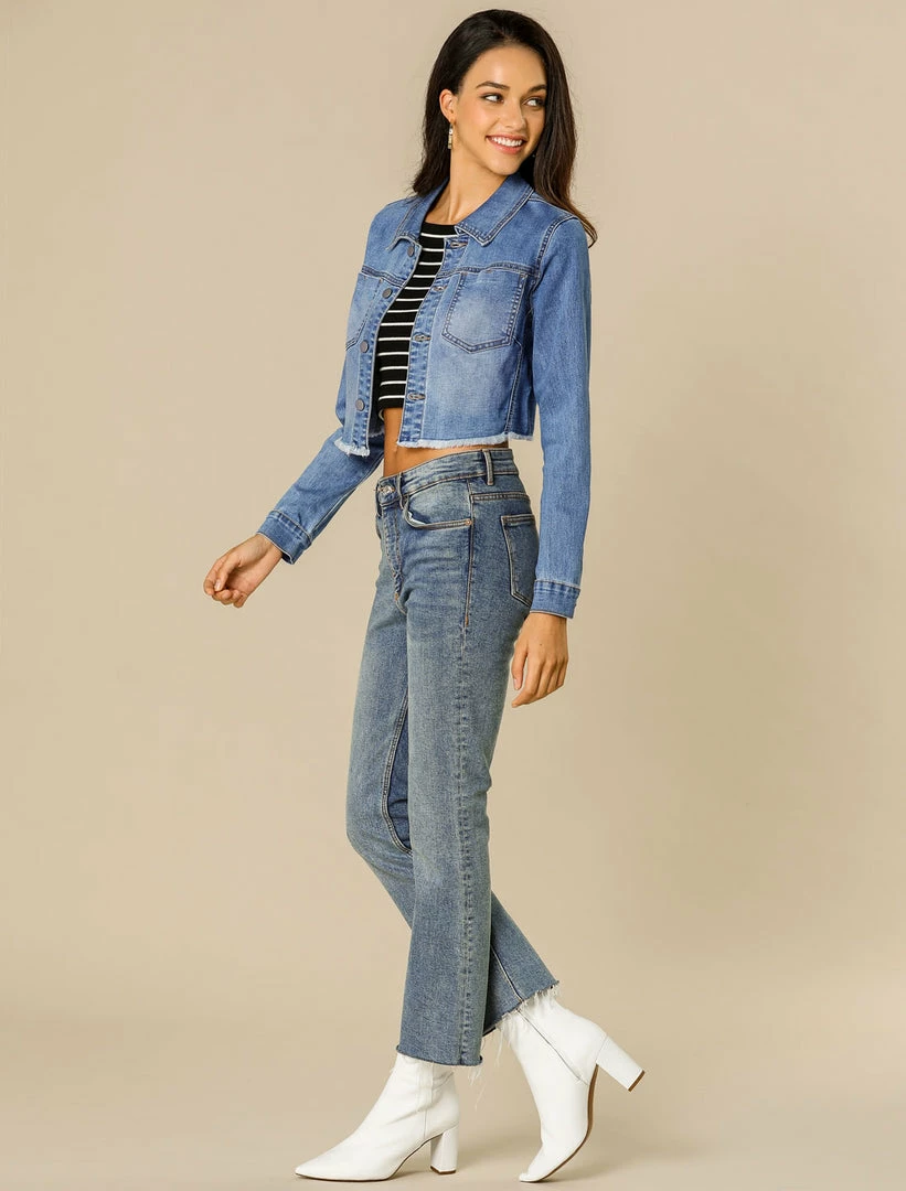 Allegra K Mid Wash Cropped Denim Jacket With Frayed Hem Women 6 Allegra K Mid Wash Cropped Denim Jacket With Frayed Hem Women