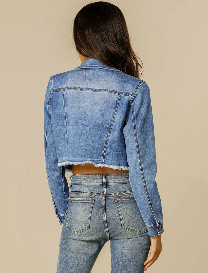 Allegra K Mid Wash Cropped Denim Jacket With Frayed Hem Women 8 Allegra K Mid Wash Cropped Denim Jacket With Frayed Hem Women