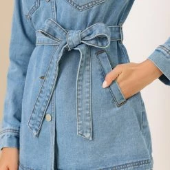 Allegra K Belted Longline Denim Jacket Women