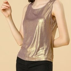 Allegra K U Neck Stretchy Slim Fit Metallic Tank Top Tops & Blouses 143 Allegra K U Neck Stretchy Slim Fit Metallic Tank Top Tops & Blouses