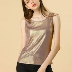 Allegra K U Neck Stretchy Slim Fit Metallic Tank Top Tops & Blouses 144 Allegra K U Neck Stretchy Slim Fit Metallic Tank Top Tops & Blouses