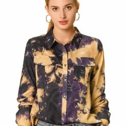 Allegra K Casual Long Sleeves Button Up Tie Dye Shirt Women