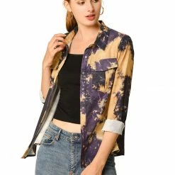 Allegra K Casual Long Sleeves Button Up Tie Dye Shirt Women