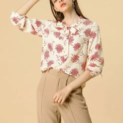 Allegra K Women's Long Sleeve Tie V Neck Chrysanthemum Floral Print Top 24 Allegra K Women's Long Sleeve Tie V Neck Chrysanthemum Floral Print Top