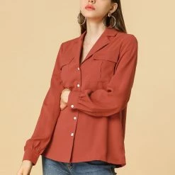 Allegra K Solid Chest Pocket Button Down Notch Lapel Collar Shirt