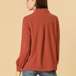 Allegra K Solid Chest Pocket Button Down Notch Lapel Collar Shirt