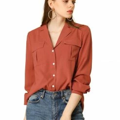 Allegra K Solid Chest Pocket Button Down Notch Lapel Collar Shirt