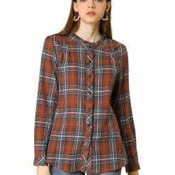 Allegra K Plaid Long Sleeve Ruffle Neck Button Down Shirt 37 Allegra K Plaid Long Sleeve Ruffle Neck Button Down Shirt