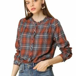 Allegra K Plaid Long Sleeve Ruffle Neck Button Down Shirt 34 Allegra K Plaid Long Sleeve Ruffle Neck Button Down Shirt