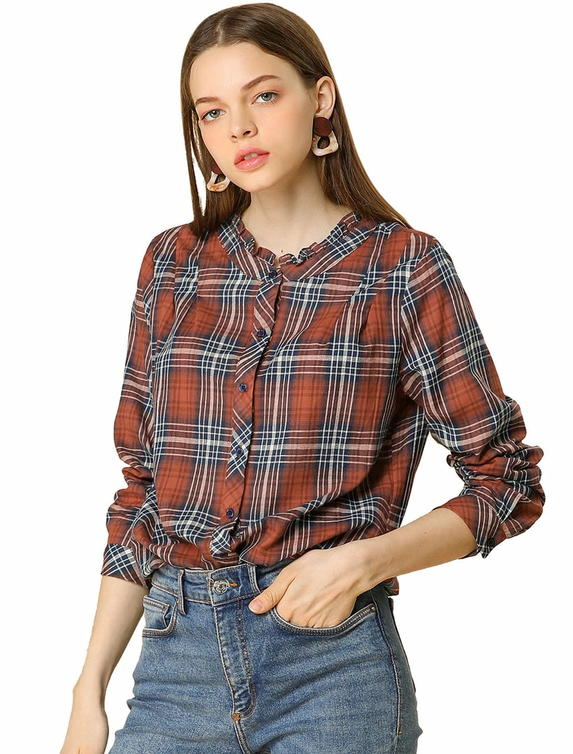 Allegra K Plaid Long Sleeve Ruffle Neck Button Down Shirt 16 Allegra K Plaid Long Sleeve Ruffle Neck Button Down Shirt