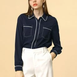 Allegra K Long Sleeves Contrast Color Twin Pockets Button Down Shirt