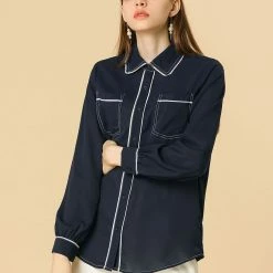Allegra K Long Sleeves Contrast Color Twin Pockets Button Down Shirt