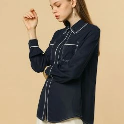 Allegra K Long Sleeves Contrast Color Twin Pockets Button Down Shirt