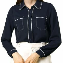 Allegra K Long Sleeves Contrast Color Twin Pockets Button Down Shirt