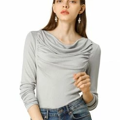 Allegra K Cowl Neck Long Sleeves Ribbed Ruched Knit Top Women