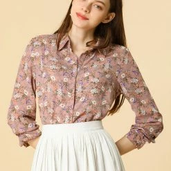 Allegra K Long Sleeve Button Down Ditsy Floral Shirt Women
