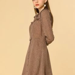 Allegra K Tie Neck Ruffle A-line Polka Dot Dress