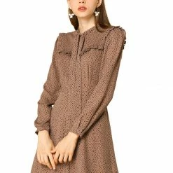 Allegra K Tie Neck Ruffle A-line Polka Dot Dress