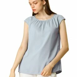 Women Allegra K Pleated Round Neck Keyhole Back Cap Sleeve Chiffon Top