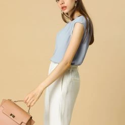 Women Allegra K Pleated Round Neck Keyhole Back Cap Sleeve Chiffon Top