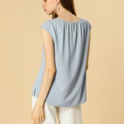 Women Allegra K Pleated Round Neck Keyhole Back Cap Sleeve Chiffon Top