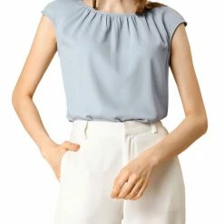 Women Allegra K Pleated Round Neck Keyhole Back Cap Sleeve Chiffon Top