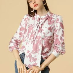 Allegra K Boho Floral Printed Shirts V Neck Pussy-Bow Blouse Top Women