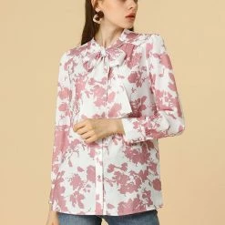 Allegra K Boho Floral Printed Shirts V Neck Pussy-Bow Blouse Top Women