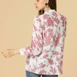 Allegra K Boho Floral Printed Shirts V Neck Pussy-Bow Blouse Top Women