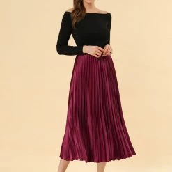 Allegra K Skirts Women's Elastic Waist Party Metallic Shiny Accordion Pleated Midi Skirt