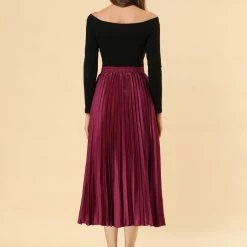 Allegra K Skirts Women's Elastic Waist Party Metallic Shiny Accordion Pleated Midi Skirt