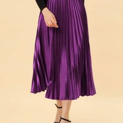 Allegra K Skirts Women's Elastic Waist Party Metallic Shiny Accordion Pleated Midi Skirt